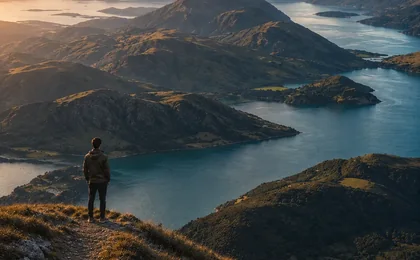 Traveller overlooking mountains and lakes at sunrise while exploring destinations around the world.