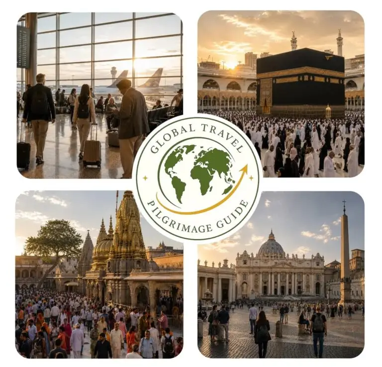 Global pilgrimage travel guide featuring Makkah, Vatican City, Hindu temple and airport journey with HeavenlyPaths logo