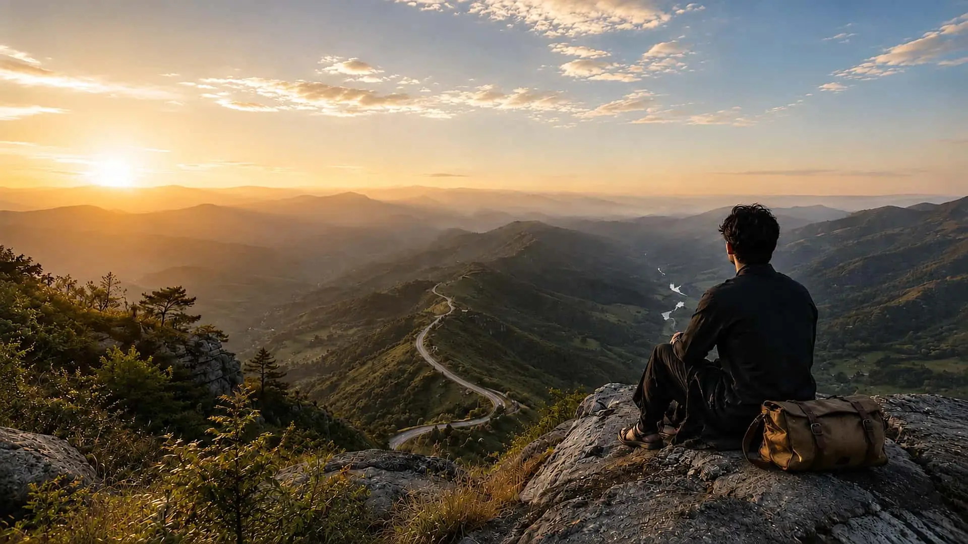 Traveler overlooking a scenic mountain valley at sunrise, representing meaningful travel, pilgrimage, exploration, and global journeys.