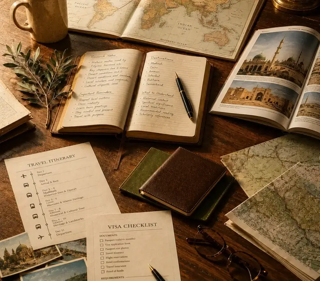Research desk with travel maps, pilgrimage guides, visa checklist, and planning materials for trusted travel guidance.