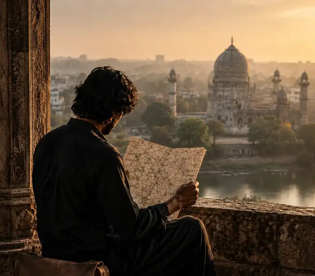 Traveler researching a historic destination with a detailed map before beginning a meaningful journey.